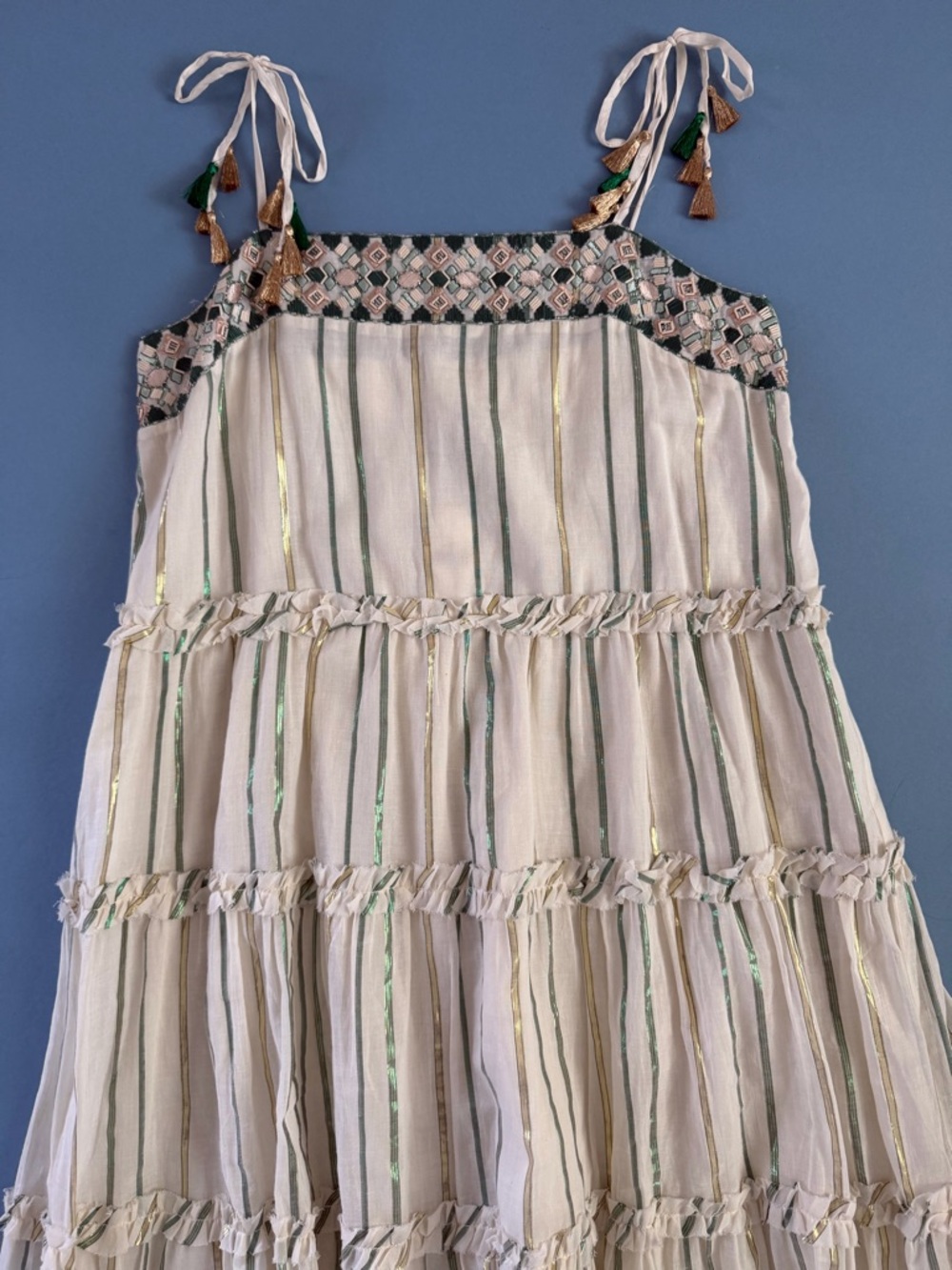 NWT Anthropologie x Ranna Gill Safa Tiered Cream Shimmer Boho Midi Dress - Picture 6 of 8